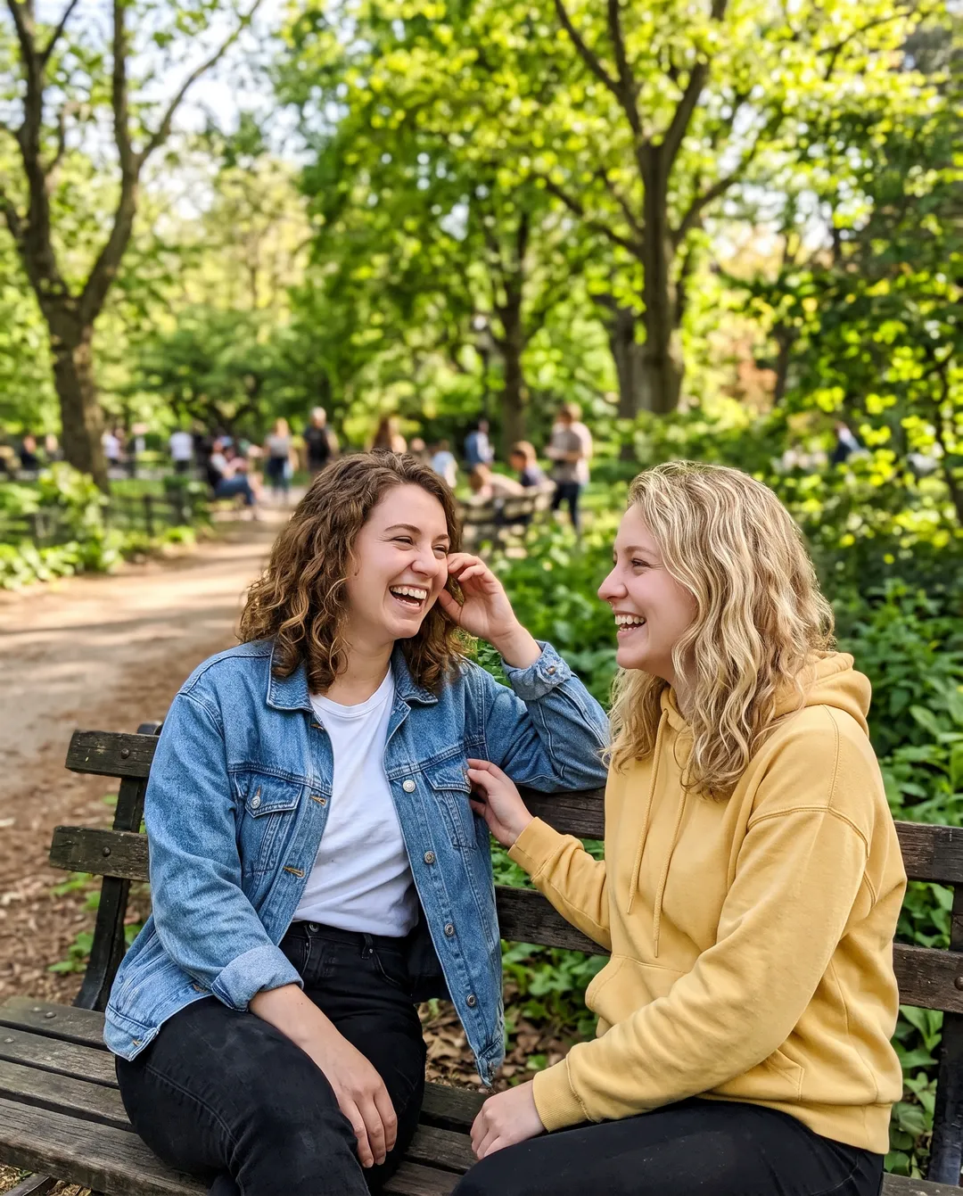 Two friends laughing on a park bench